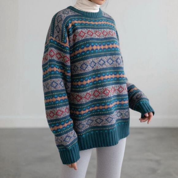 80s Fair Isle Wool Grandpacore Sweater Heritage Apres Ski Grunge Cabincore M - Picture 2 of 12